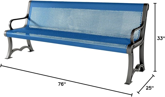 COATEDOUTDOORFURNITURE Heavy-Duty Outdoor Bench Thermoplastic Coated, Punched Steel, Commercial-Grade Garden Bench, Made in America (Portable with Back, 6 Ft, Textured Light Blue)