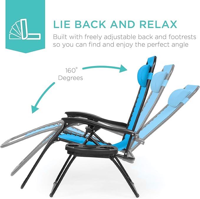 Best Choice Products Set of 2 Adjustable Steel Mesh Zero Gravity Lounge Chair Recliners w/Pillows and Cup Holder Trays - Photo 3
