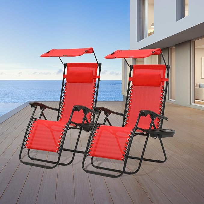 Athena Collection Zero Gravity Outdoor Lounge Chair Set of 2 with Canopy Shade, 25" Width Pool Lounge Lawn Chairs Reclining with Cup Holder, Outdoor Chaise for Beach Patio Outside, Red