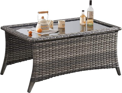 Belord Patio Coffee Table Outdoor Rectangular Glass Table, Handwoven Rattan Patio Furniture Grey Wicker Coffee Table Compatible with Patio Chairs and Sofa Sets for Backyard Sunroom Outside Lawn