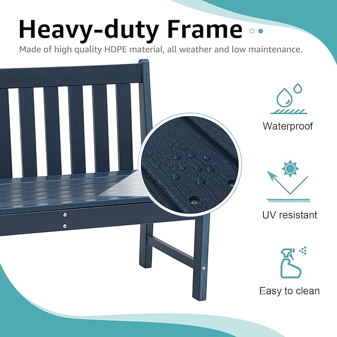 COBANA Outdoor Garden Bench, All Weather HDPE Patio Porch Bench with Faux Wood Grain Pattern, 2-Person Seat for Lawn, Park, Backyard, Entryway, Navy Blue