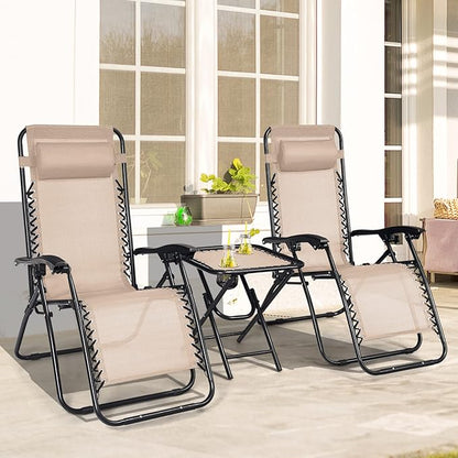 HAPPYGRILL Zero Gravity Lounge Chairs Set with Coffee Table, Folding Reclining Chairs with Side Table and Pillow, 3 Pieces Adjustable Patio Lawn Recliner Set for Outdoor Garden Camp Travel