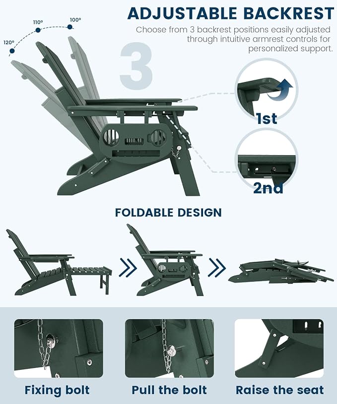 FOOWIN Folding Adjustable Adirondack Chair with Retractable Ottoman Set of 4, HDPE Adirondack Chair w/4 in 1 Cup Holder Trays,All-Weather Resistant Fire Pit Chair for Outdoor Patio Lawn, Dark Green