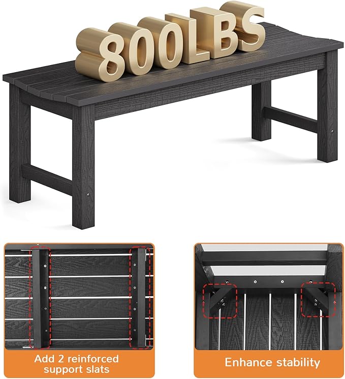 Outdoor Bench, 2-Person Patio Backless Bench Holds up to 800lbs, Weatherproof Garden Bench That Never Rot and Fade, Suit for Backyard, Porch, Patio, Deck and Entryway (Black)