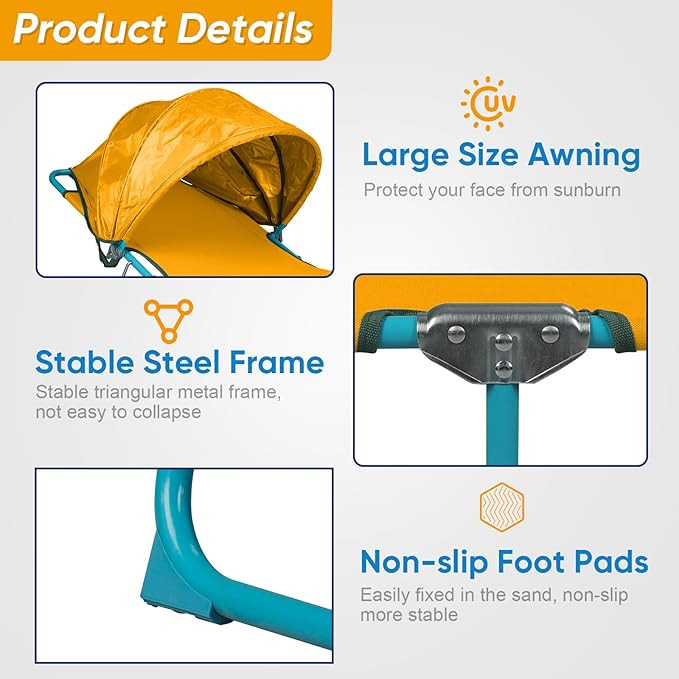Northroad Beach Lounge Chair with Canopy Shade, Adjustable 4 Position Foldable Tanning Chair - Photo 3