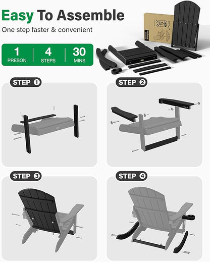 YEFU Rocking Chairs Outdoor Set of 4, Adirondack Chairs with Retractable Ottoman, Adjustable Adirondack Rocking Chair,Rockings Chair Outside,Weather Resistant,for Patio,Porch,Lawn,Heavy Duty,Black