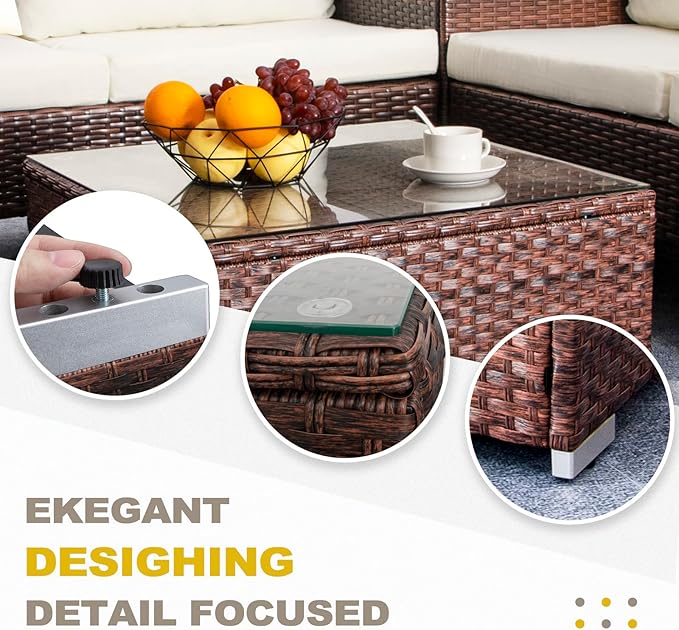 DIMAR GARDEN Outdoor Coffee Table Wicker Patio Side Table with Glass Top, 25.2in Mixed Brown - Photo 3