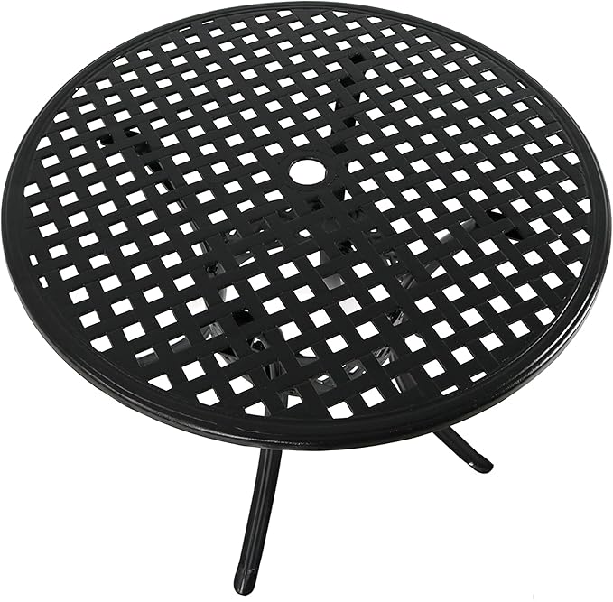 Sunnydaze Decorative Lattice Cast Aluminum Patio Dining Table with Umbrella Hole - 33-Inch Diameter - Black - Photo 6