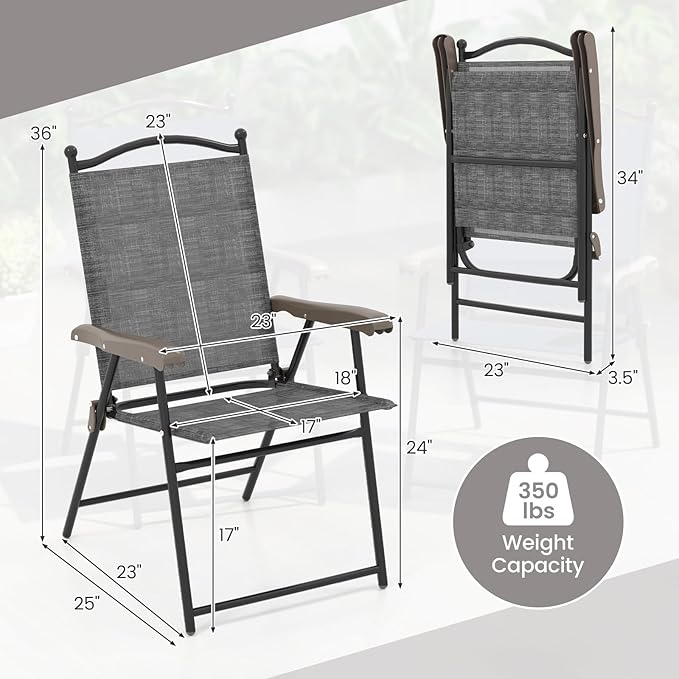 Giantex Set of 2 Patio Folding Chairs, Outdoor Patio Dining Chairs w/Armrest, Sling Back, Metal Frame - Photo 3