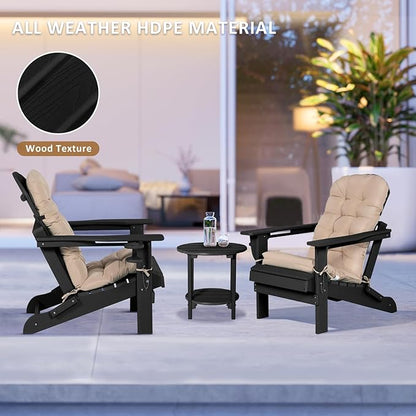 Adirondack Chair with Cushion & Cup Holder, HDPE Folding Adirondack Chair with Wood-Like Grain Outdoor Fire Pit Chairs for Patio/Porch/Swimming Pool/Camping (Black)