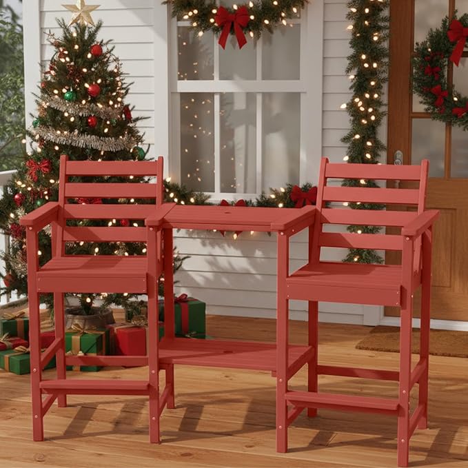 Tall Adirondack Chairs Set of 2, Bar Height HDPE Outdoor Chairs with Connecting Tray & Umbrella Hole, Balcony Patio Adirondack Chairs for Deck, Garden, Lawn (Terracotta)