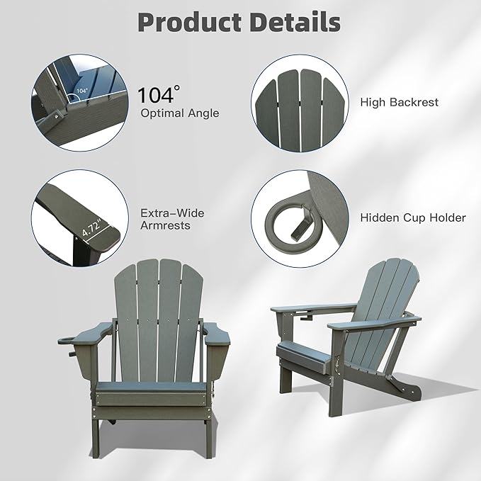 Domi Folding Adirondack Chairs Set of 8, HDPE All-Weather Outdoor Chairs with Cup Holder, Wooden Textured Fire Pit Chairs for Backyard, Patio, Poolside & Deck,Grey