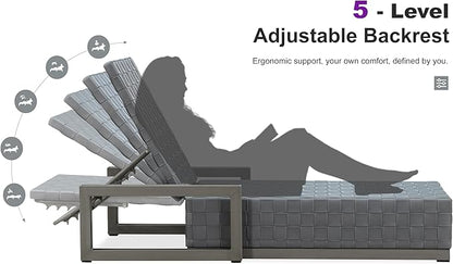 PURPLE LEAF Outdoor Chaise Lounge Set of 2, PU Leather Patio Lounge Chair Aluminum Pool Lounge Chairs with 5-Position Adjustable Backrest for Pool, Deck, Garden, Sunbathing, Grey