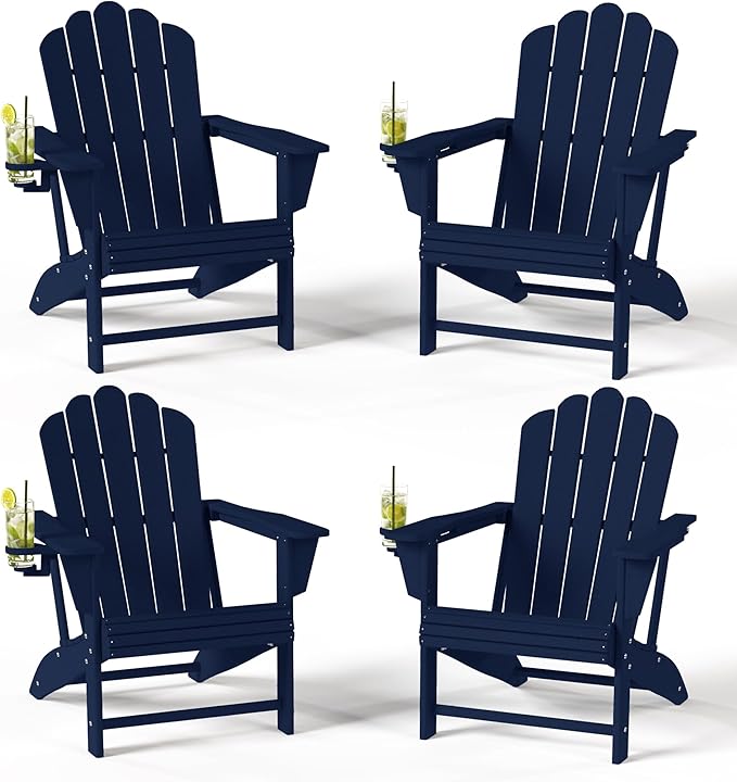 Costaelm Lakeview Outdoor Patio HDPE Adirondack Chairs with Cup Holders (Set of 4), Navy Blue