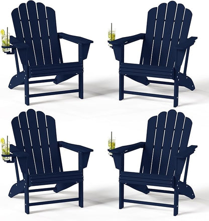 Costaelm Lakeview Outdoor Patio HDPE Adirondack Chairs with Cup Holders (Set of 4), Navy Blue