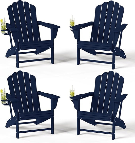 Costaelm Lakeview Outdoor Patio HDPE Adirondack Chairs with Cup Holders (Set of 4), Navy Blue