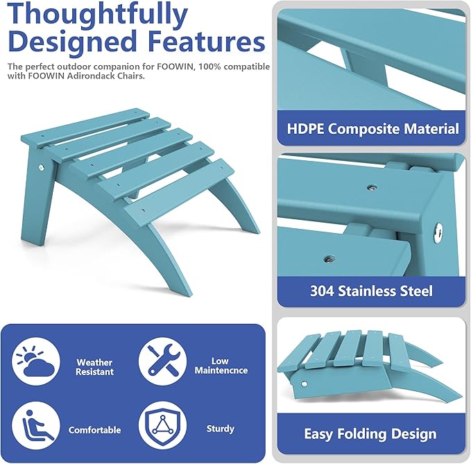 FOOWIN Folding Adirondack Ottoman Set of 4, HDPE All Weather Adirondack Footrests, Ottoman for Adirondack Chair,Patio Footstool for Outside Easy Storage,for Patio, Backyard, Porch, Garden, Light Blue