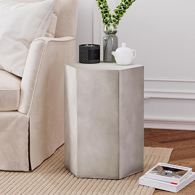 HOMPUS Concrete Side Table, Hexagon Outdoor Side Table, Modular Design Accent Table, Indoor Patio End Table, Light Grey Home Décor for Living Room, Bedroom or Backyard (14.5" L x 12.5" W x20 H)