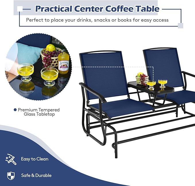 Tangkula 2 Person Swing Glider Chair, Patio Rocking Loveseat w/Center Tempered Glass Table - Photo 8