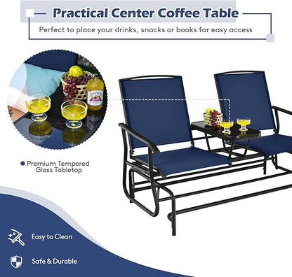 Tangkula 2 Person Swing Glider Chair, Patio Rocking Loveseat w/Center Tempered Glass Table, Outdoor Swing Bench w/Steel Frame & Breathable Mesh Fabric for Porch, Balcony, Poolside (Navy)