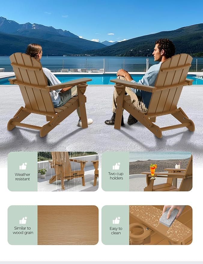 Folding Adirondack Chair Set of 2, Wooden Textured Plastic Adirondack Chairs with 2 Cup Holder - Photo 4