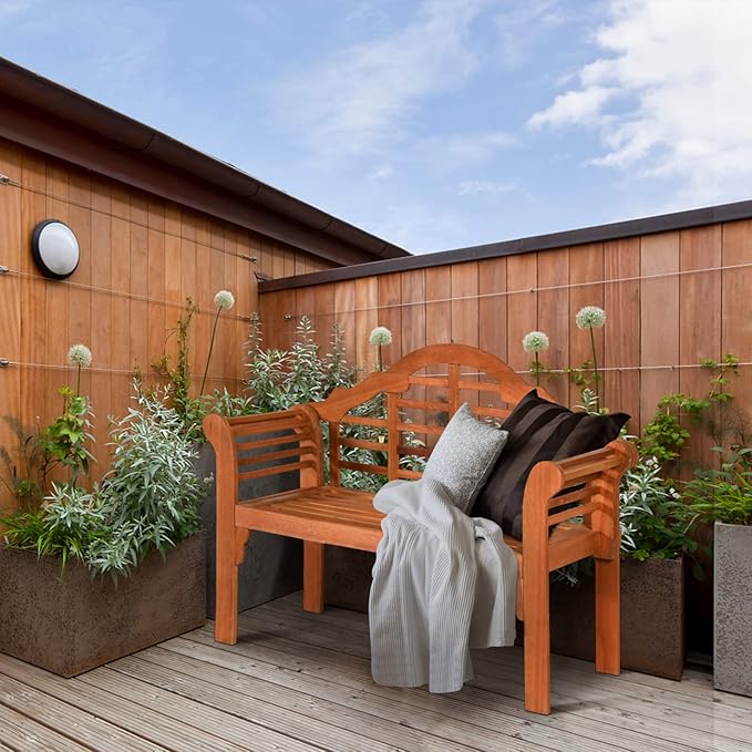 Classic Patio Loveseat Bench, Eucalyptus Wood, 4 FT, 2-Person, Foldable, Outdoor, Arched Back & Armrests, Natural Teak