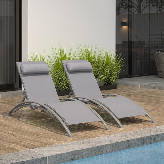 Domi Outdoor Chaise Lounge Set of 2, Aluminum Lounge Chairs with 5 Adjustable Positions, All Weather Patio Lounge Chair for Pool, Garden, Beach, Backyard (Grey)