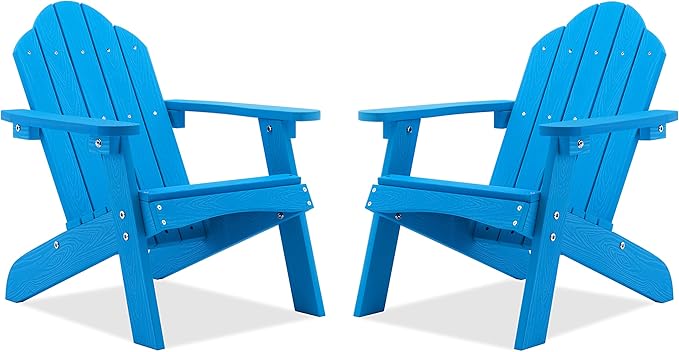 LUE BONA Kids Adirondack Chair Set of 2, Blue Poly Lumber Plastic Weather Resistant Toddler Outdoor Patio Lounge Chair for Balcony, Backyard