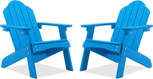 LUE BONA Kids Adirondack Chair Set of 2, Blue Poly Lumber Plastic Weather Resistant Toddler Outdoor Patio Lounge Chair for Balcony, Backyard