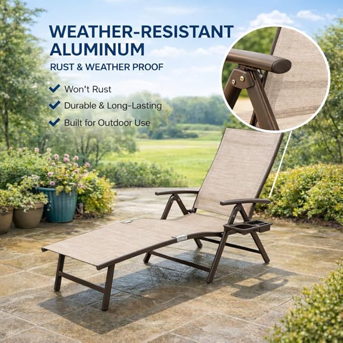 Kozyard Aluminum Outdoor Chaise Lounge Chair, Adjustable Reclining Patio Lounge with Drink Holder - Photo 3
