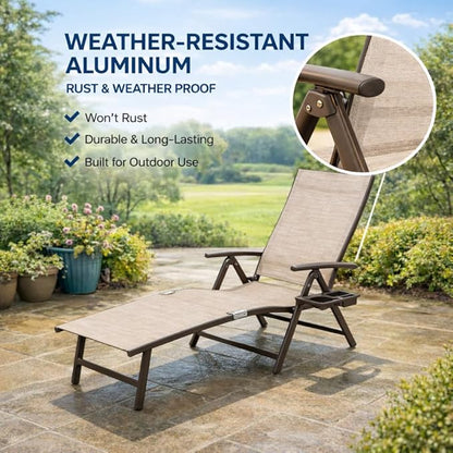 Kozyard Cozy Aluminum Reclining Lounge Chair for Beach, Yard, Pool, Deck, Patio - Outdoor Chaise Lounge with Drink Holder Weather Free Adjustable Assemble-Free Blue Strip Cushion