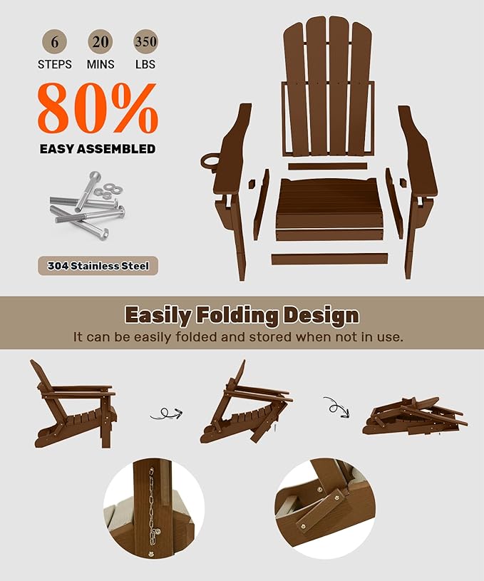 Domi Folding Adirondack Chair, HDPE Adirondack Chair with Cup Holder - Photo 7