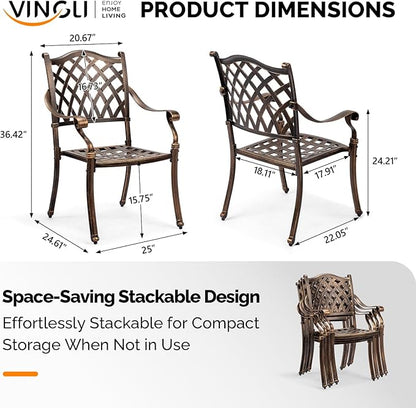 VINGLI Patio Chairs Set of 4 - Stackable Outdoor Cast Aluminum Dining Chairs with Vintage Bronze Finish and Diamond Pattern, Metal Armchairs for Poolside, Backyard, Balcony (No Cushion)