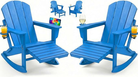 PASAMIC Adirondack Rocking Chairs Set of 2, Foldable All-Weather HDPE Patio Rockers with Retractable Ottoman & Cup Holder, Outdoor Chairs for Porch Backyard Pool Garden Balcony, Blue