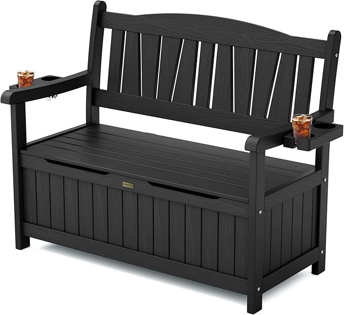 YEFU Outdoor Storage Bench for Patio: Heavy Duty Garden Bench with 96° High Backrest & Oversized Seating - HIPS Weatherproof Patio Bench with Storage for Porch Park Backyard, Black