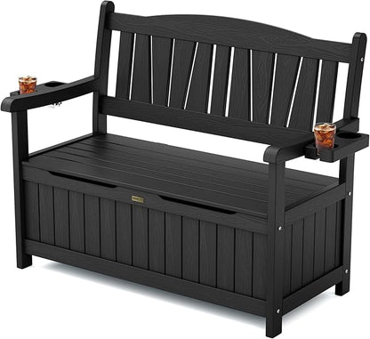 YEFU Outdoor Storage Bench for Patio: Heavy Duty Garden Bench with 96° High Backrest & Oversized Seating - HIPS Weatherproof Patio Bench with Storage for Porch Park Backyard, Black