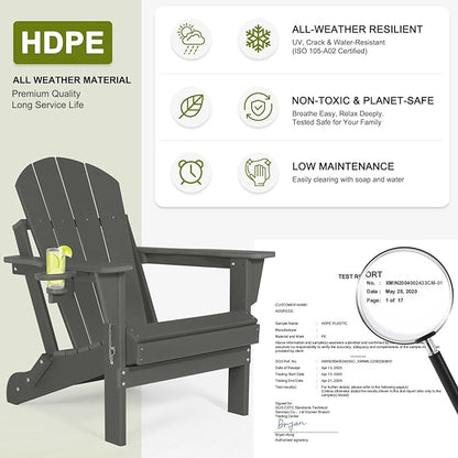 Folding Adirondack Chairs - Plastic Adirondack Chairs with Cup Holder, Weather Resistant for Outdoor, Patio, Lawn, Garden, Backyard Deck, Fire Pit - Dark Gray