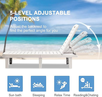 Outdoor Chaise Lounge Set of 2, Waterproof Resin Lounge Chairs for Outside w/Adjustable 5 Positions Recliner Chair for Patio, Poolside, Beach, Yard, All Weather Use, White