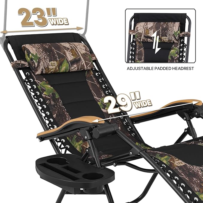 MoNiBloom 29-Inch Oversized Zero Gravity Chairs Set of 2, Patio Anti Gravity Recliner with Canopy Shade, XL Foldable Outdoor Lounger with Cup Holder Tray for Beach Camping, Jungle