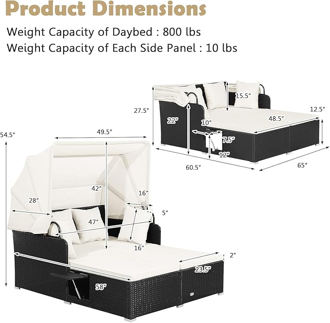Tangkula Patio Rattan Daybed with Retractable Canopy, Outdoor Wicker Sunbed Lounger with 2 Foldable Side Tables - Photo 4