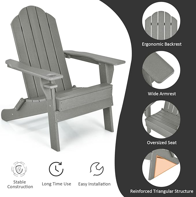 Tangkula Outdoor Folding Adirondack Chair, HDPE Armchairs with Cup Holder, Weather Resistant Lounger Chair for Patio Garden Fire Pit Backyard, Lawn Porch Seating, Adirondack Lounger (4, Grey)