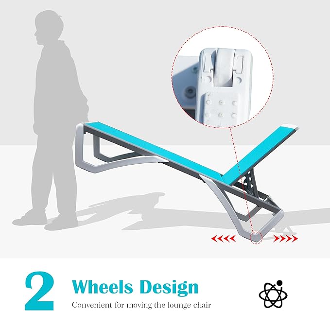 Domi Outdoor Lounge Chair Set of 3, Aluminum Patio Chaise Lounge with 5 Position Adjustable Backrest and Wheels, All Weather Reclining Chair for Patio, Yard, Balcony, Poolside (Lake Blue)