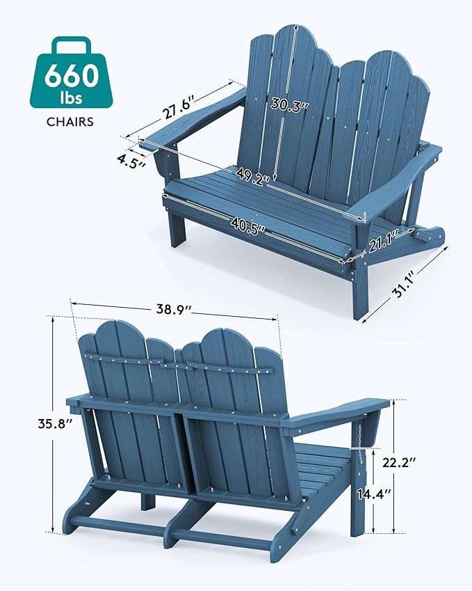 SERWALL Folding Adirondack Bench, HDPE All-Weather Adirondack Loveseat Set of 2, Navy - Photo 3