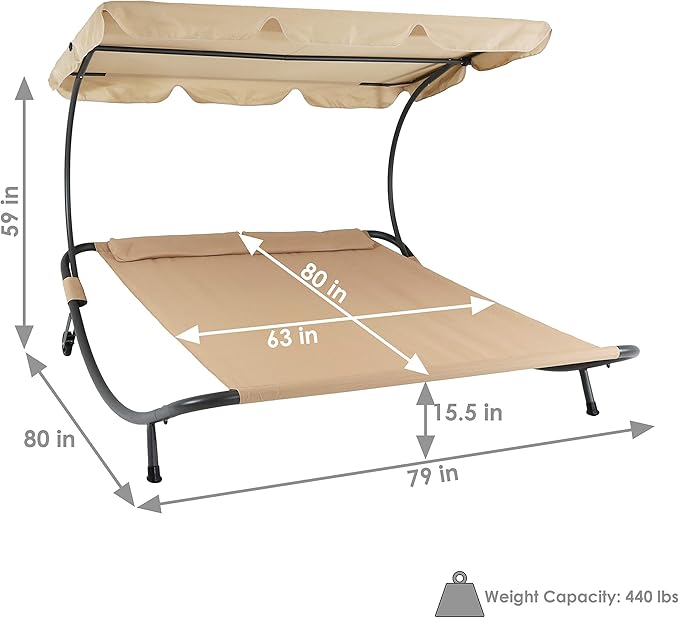 Sunnydaze Outdoor Double Chaise Lounge Bed with Canopy and Headrest Pillow - Beige Fabric with Black Powder-Coated Steel Frame