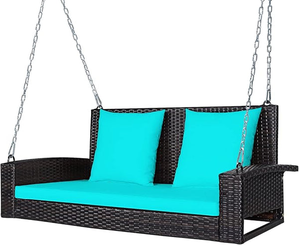 Tangkula 2-Person Wicker Hanging Porch Swing, Patiojoy Outdoor Rattan Swing Bench W/ 2 Back Cushions & 1 Seat Cushion - Photo 1