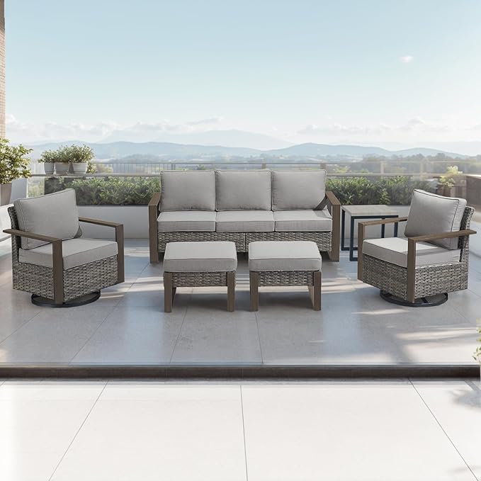 Rilyson Outdoor Wicker Patio Furniture Set - 6 Pieces Patio Conversation Set with 2 Wicker Swivel Rocker Chairs,2 Rattan Ottoman,1 Side Table and 1 Couch,Thick Cushions,Deep Seating(Mixed Grey/Grey)