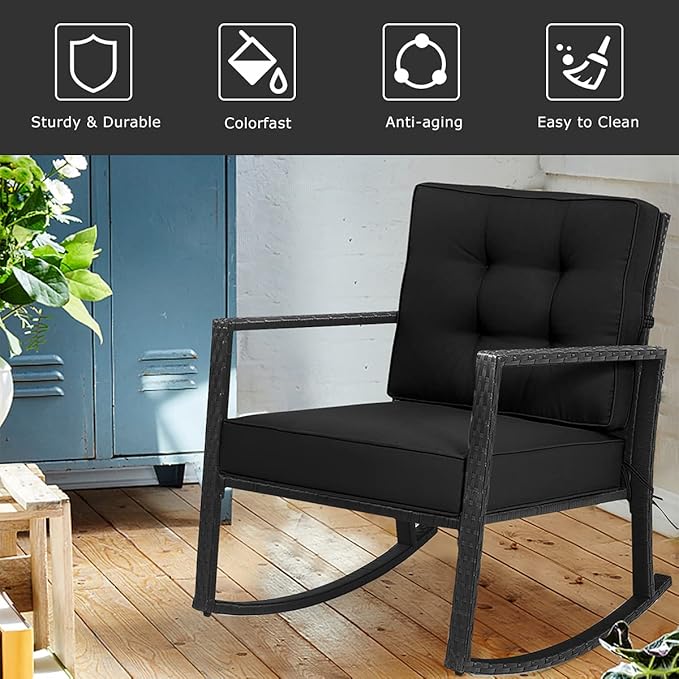 Tangkula Wicker Rocking Chair, Outdoor Glider Rattan Rocker Chair with Heavy-Duty Steel Frame, Patio Wicker Furniture Seat with 5” Thick Cushion for Garden, Porch, Backyard, Poolside (1, Black)