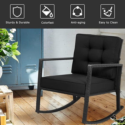 Tangkula Wicker Rocking Chair, Outdoor Glider Rattan Rocker Chair with Heavy-Duty Steel Frame, Patio Wicker Furniture Seat with 5” Thick Cushion for Garden, Porch, Backyard, Poolside (1, Black)