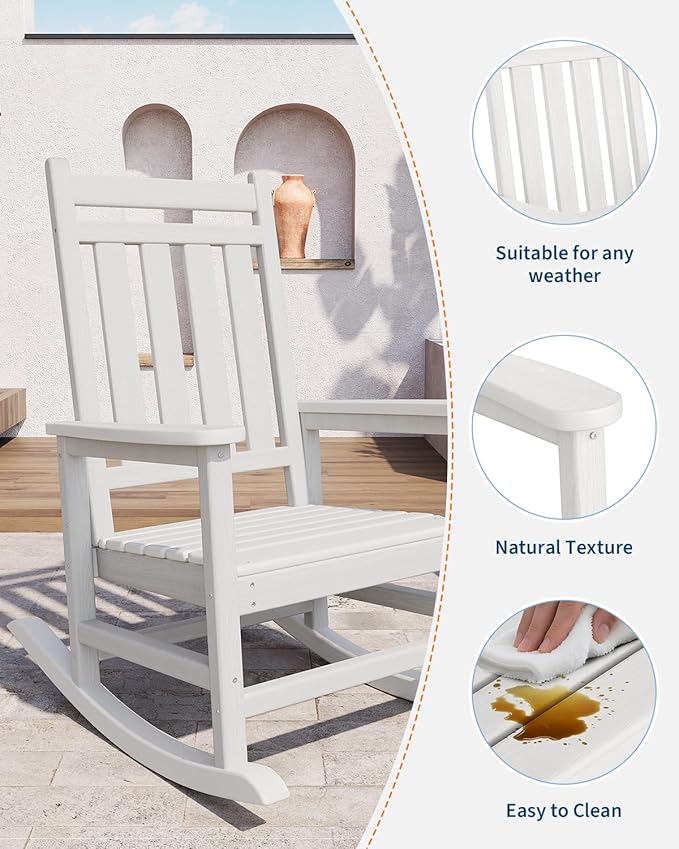 GarveeHome Adirondack Outdoor Rocking Chair, All Weather HDPE Plastic Patio Rocker Chair with Wide Armrests, Classic Fire Pit Chair for Porch, Deck, Lawn, Garde, 380LBs, Easy to Install, White