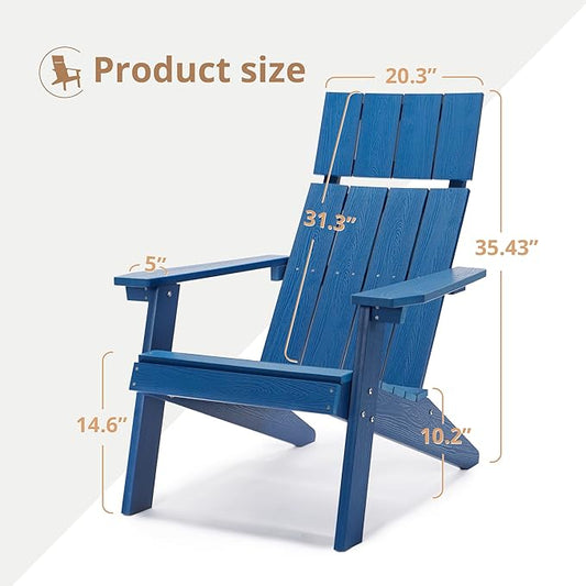 LUE BONA Modern Adirondack Chair, HDPS, Navy Blue, High Back, Weather Resistant, 330LBS, Chair for Patio, Deck, Pool, Contemporary Design